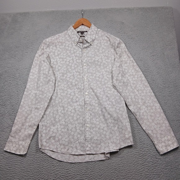 Michael Kors Shirt Mens Large Gray White Slim Fit Stretch Floral Button Down - Picture 1 of 8